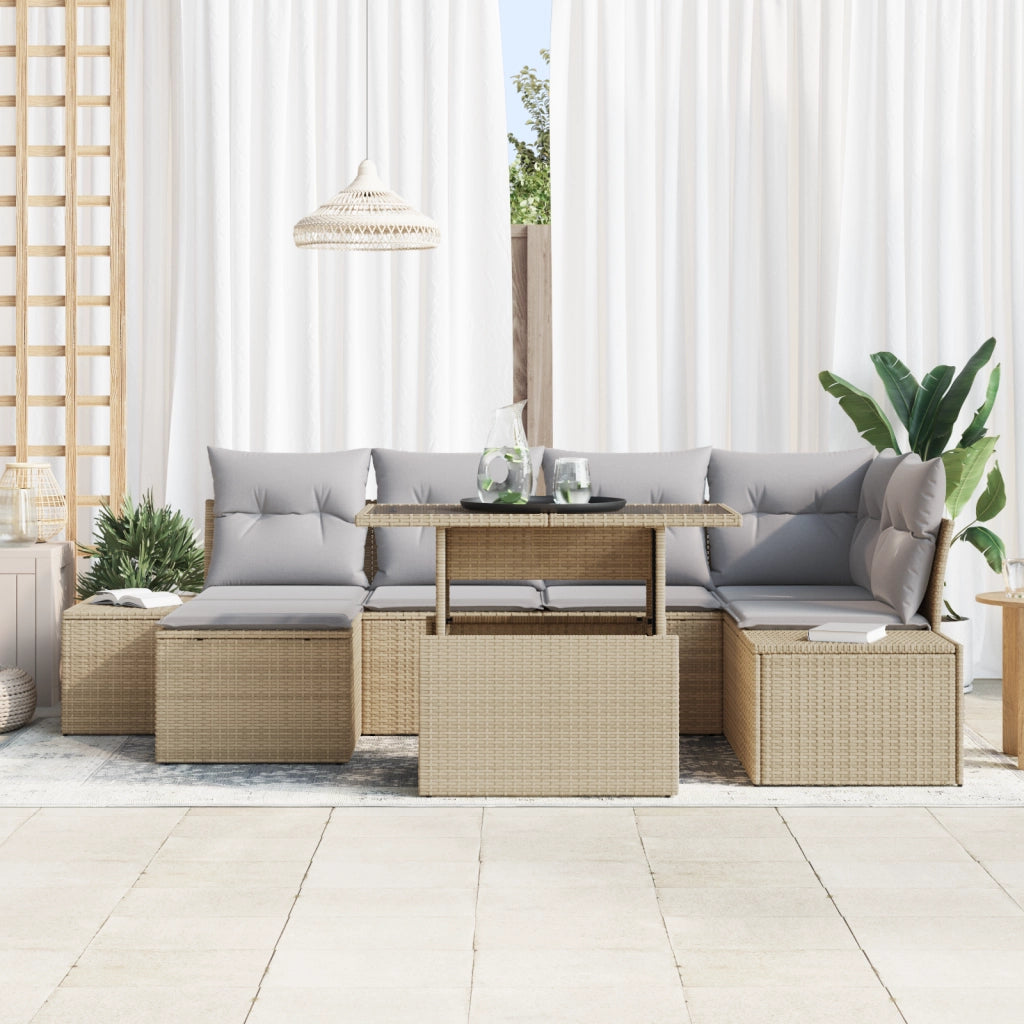 Set Divano da Giardino 7 Pezzi con Cuscini Beige in Polyrattan