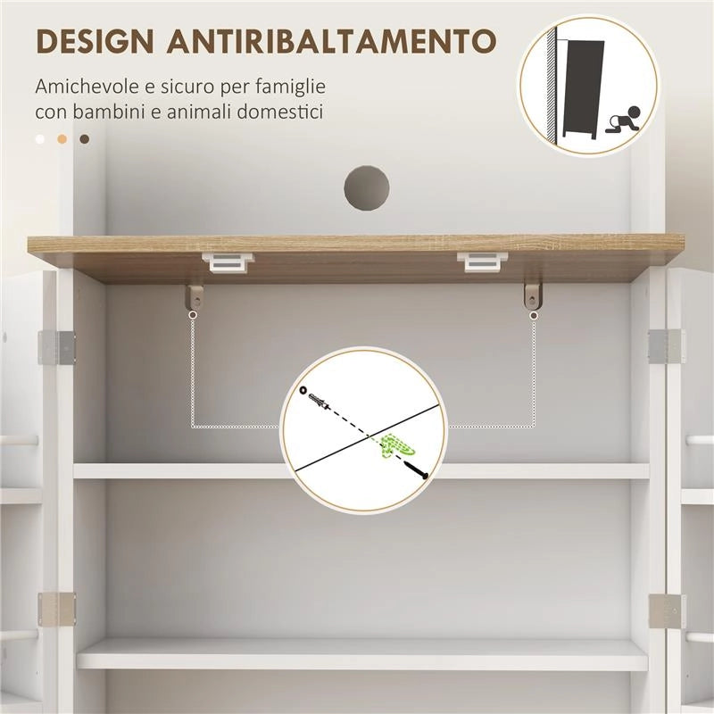 DISPENSA DA CUCINA PORTA MICROONDE CON RIPIANI APERTI E ARMADIETTO CON PORTASPEZIE 60X35X169 CM BIANCO