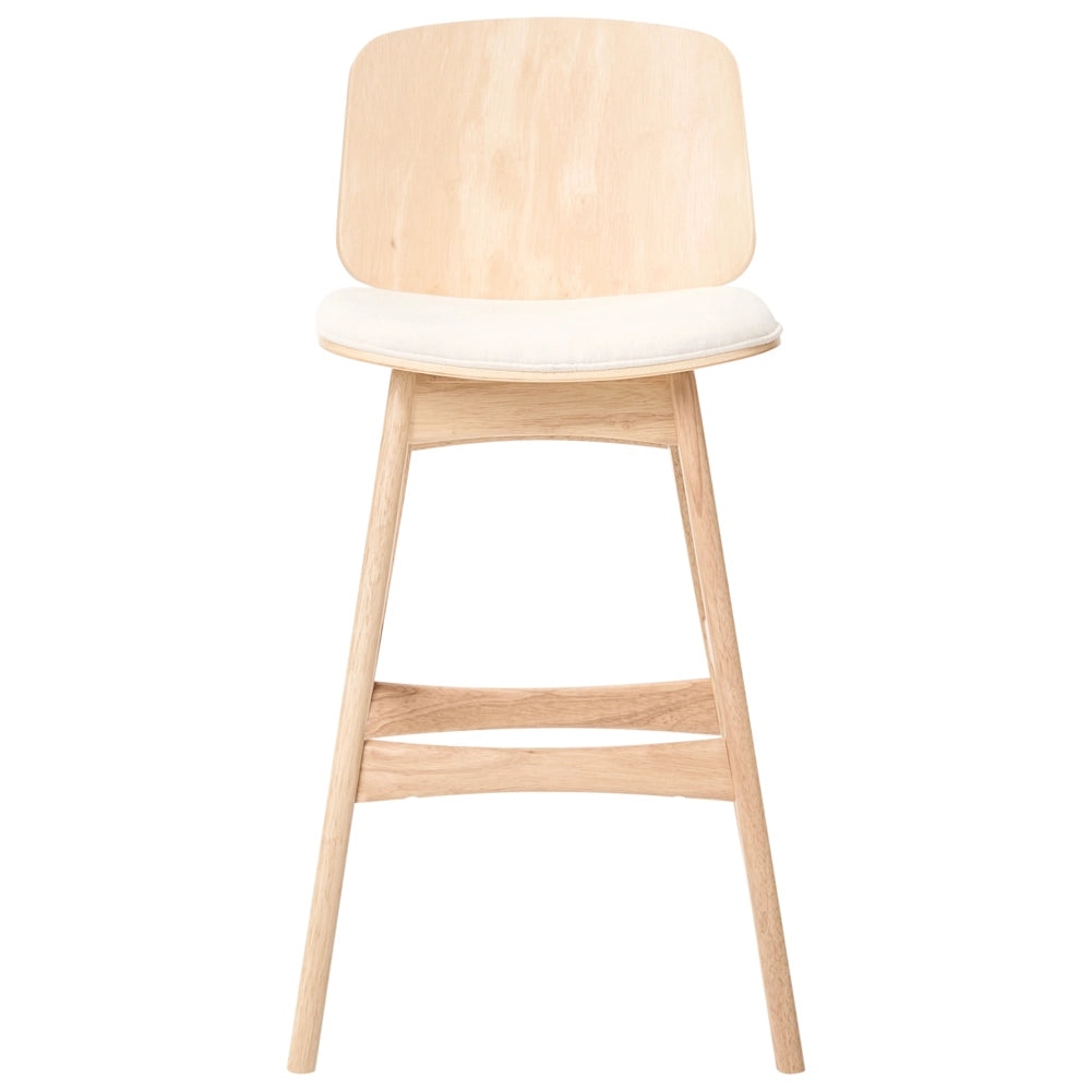 Set di 2 sgabelli da bar con struttura in legno e seduta in tessuto, senza braccioli, per zona pranzo, nei colori marrone chiaro e beige chiaro