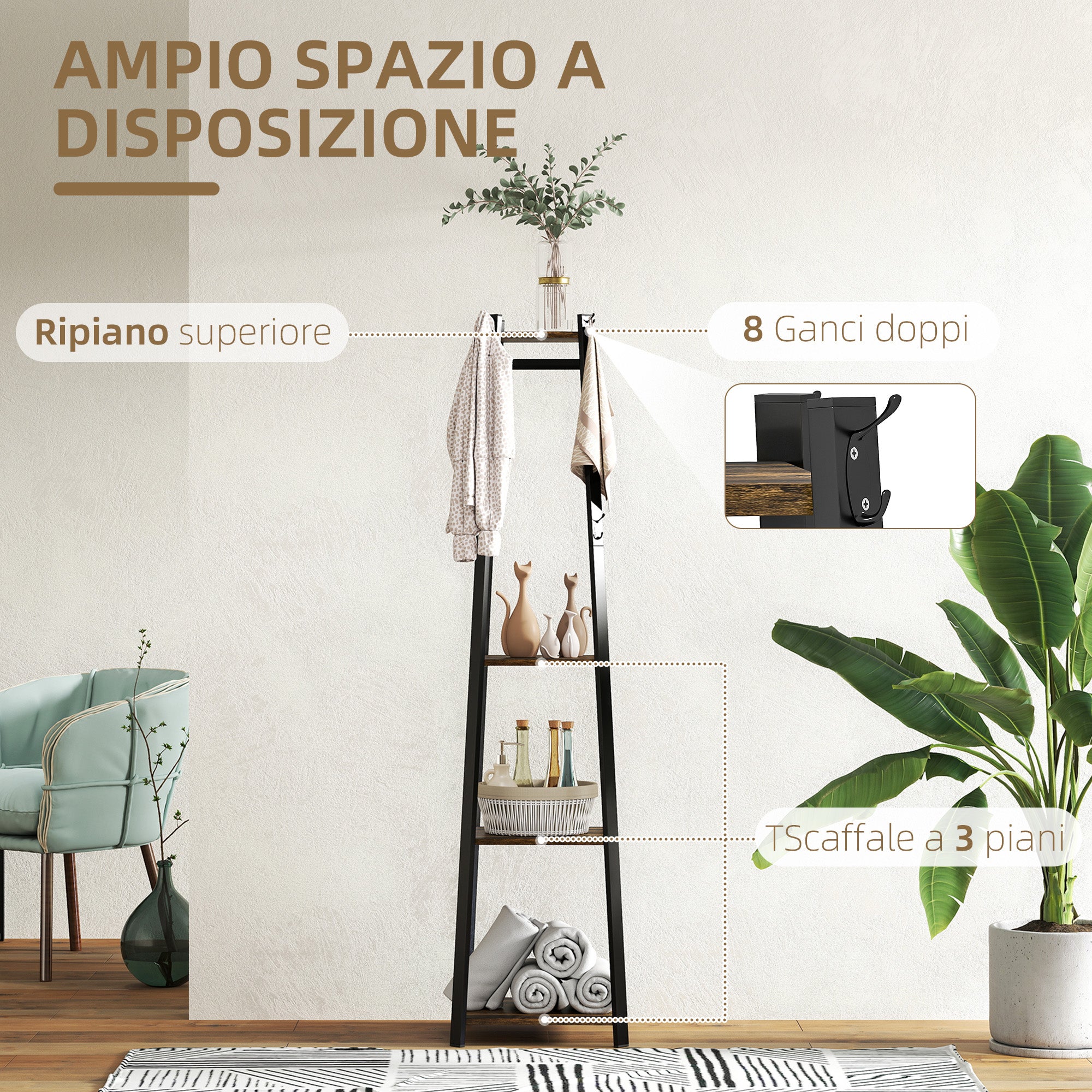 Appendiabiti da Terra 34x34x170 cm con 8 Ganci e 4 Ripiani in MDF Marrone