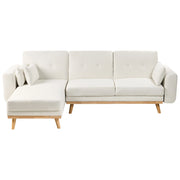 Divano Angolare ad Angolo Destro Bianco in Tessuto Imbottito a L con Seduta Trapuntata Cuscini Decorativi e Funzione Letto