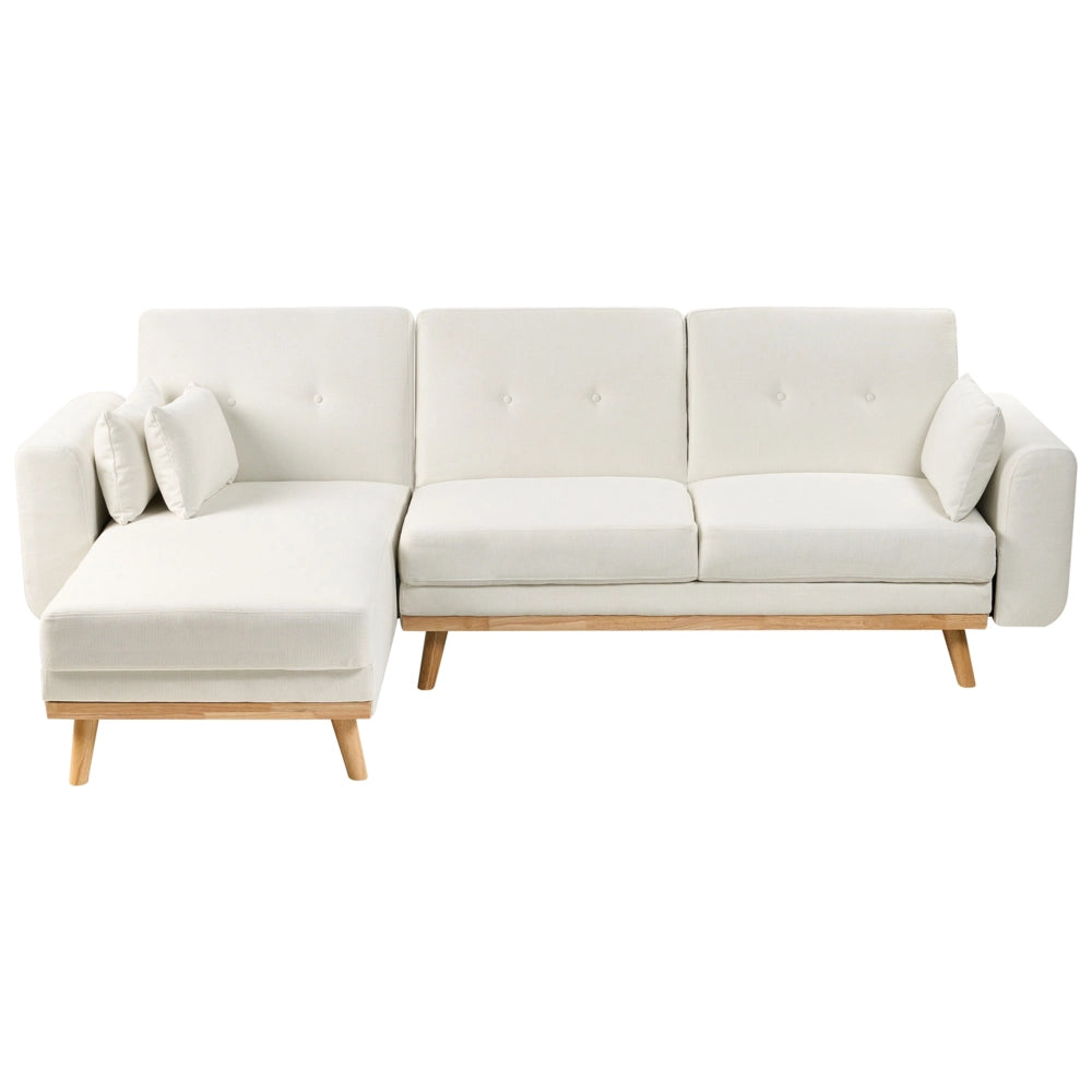 Divano Angolare ad Angolo Destro Bianco in Tessuto Imbottito a L con Seduta Trapuntata Cuscini Decorativi e Funzione Letto