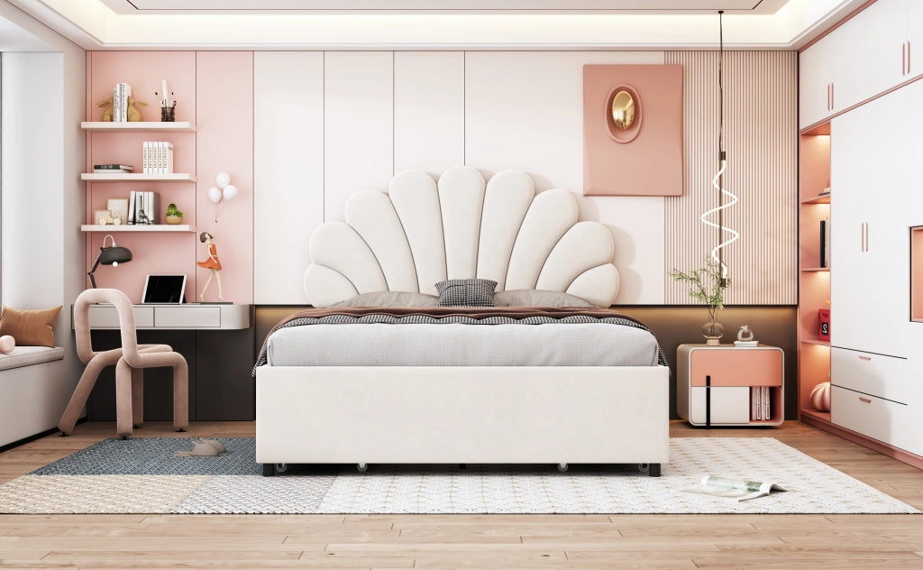 DESMIU Letto matrimoniale 140 × 200 cm 2 posti con 4 cassetti e testiera floreale, senza materasso, beige