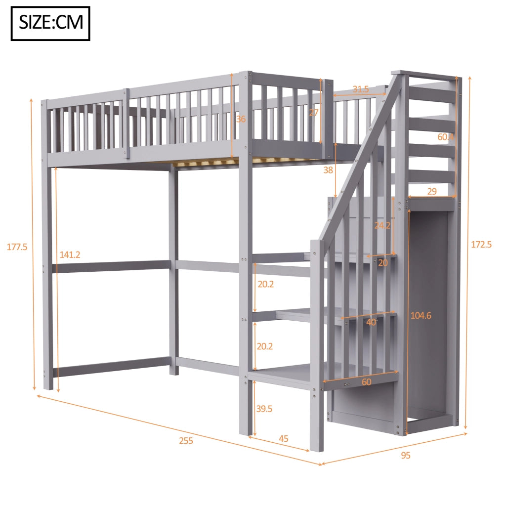 Hochbett 90x200 cm con scala; in legno; grigio