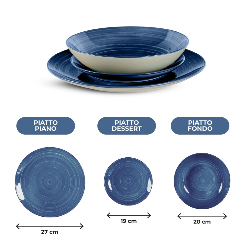 Set 18 Piatti in Porcellana Colorati Servizio Tavola Moderno 6 Persone Piatti Piani Ø27 cm, Fondi Ø20 cm e Dessert Ø19 cm Lavastoviglie e Microonde Certificati per Contatto Alimentare Acqua