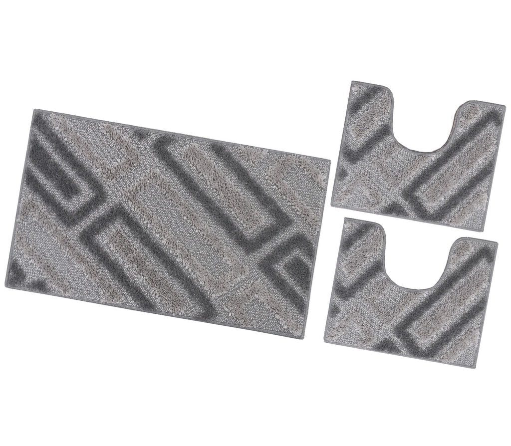 Tappeto Bagno Moderno Parure Set 3 Pezzi Soffice Shaggy Assorbente Antiscivolo Lavabile Grigio