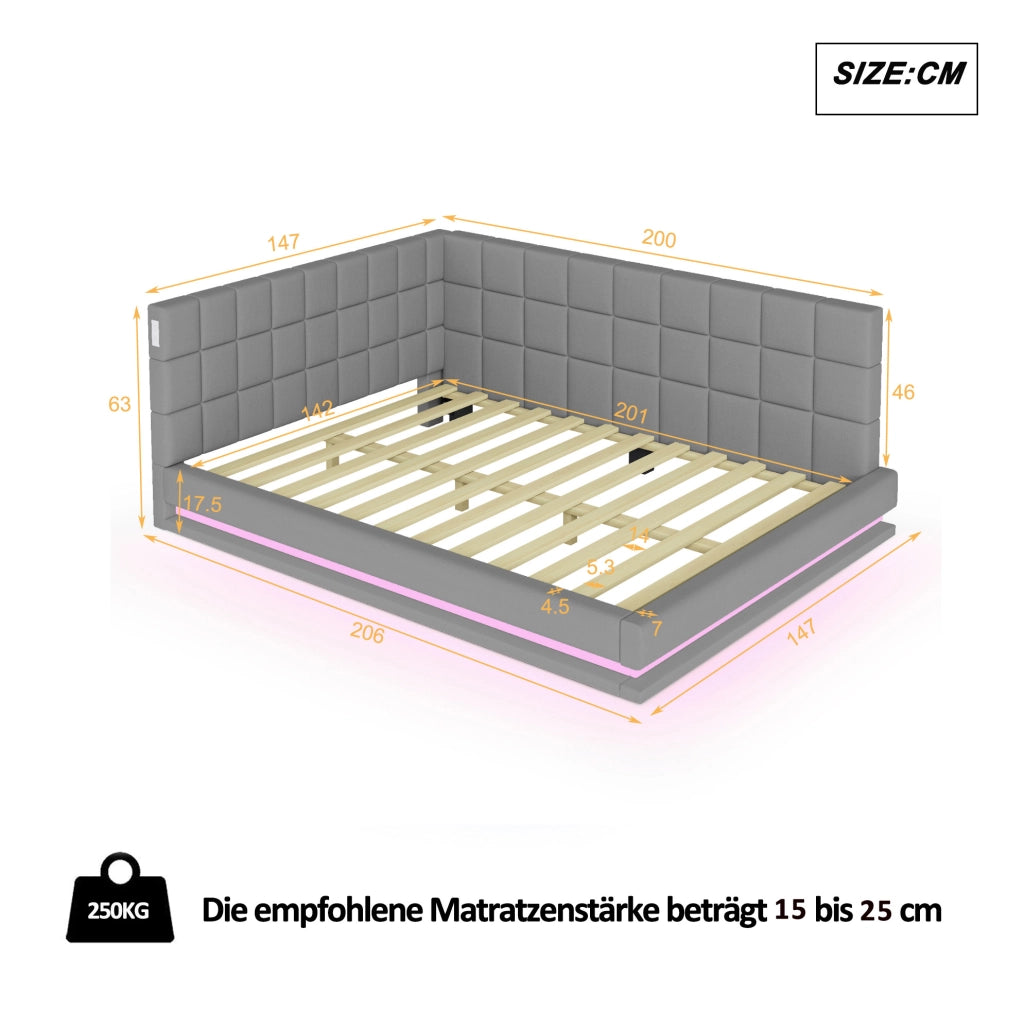 Divano letto imbottito 140x200 cm grigio con LED e USB