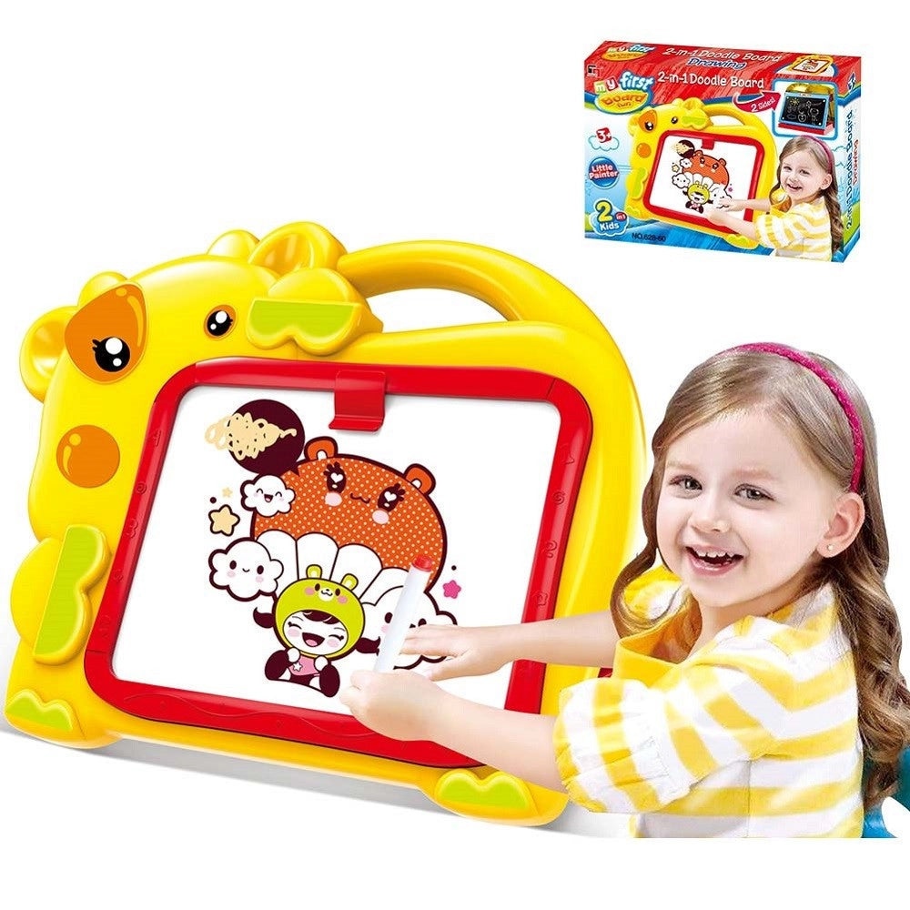 Trade Shop - Lavagna Magnetica Bambini Hippo 2in1 Con Gessetti Cassino E Pennarelli Giallo -