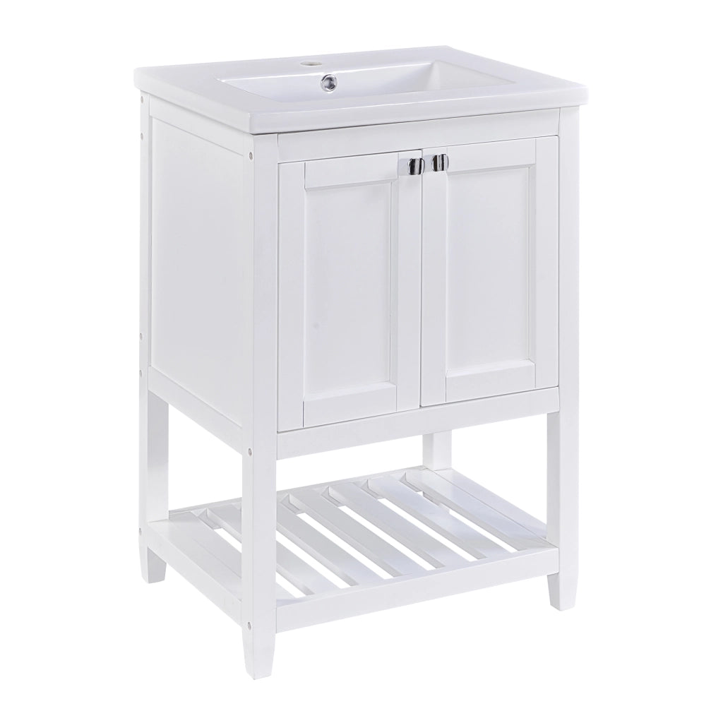 Mobile sottolavabo con lavabo in ceramica da bagno con base a pavimento in legno massello e MDF bianco 60 cm