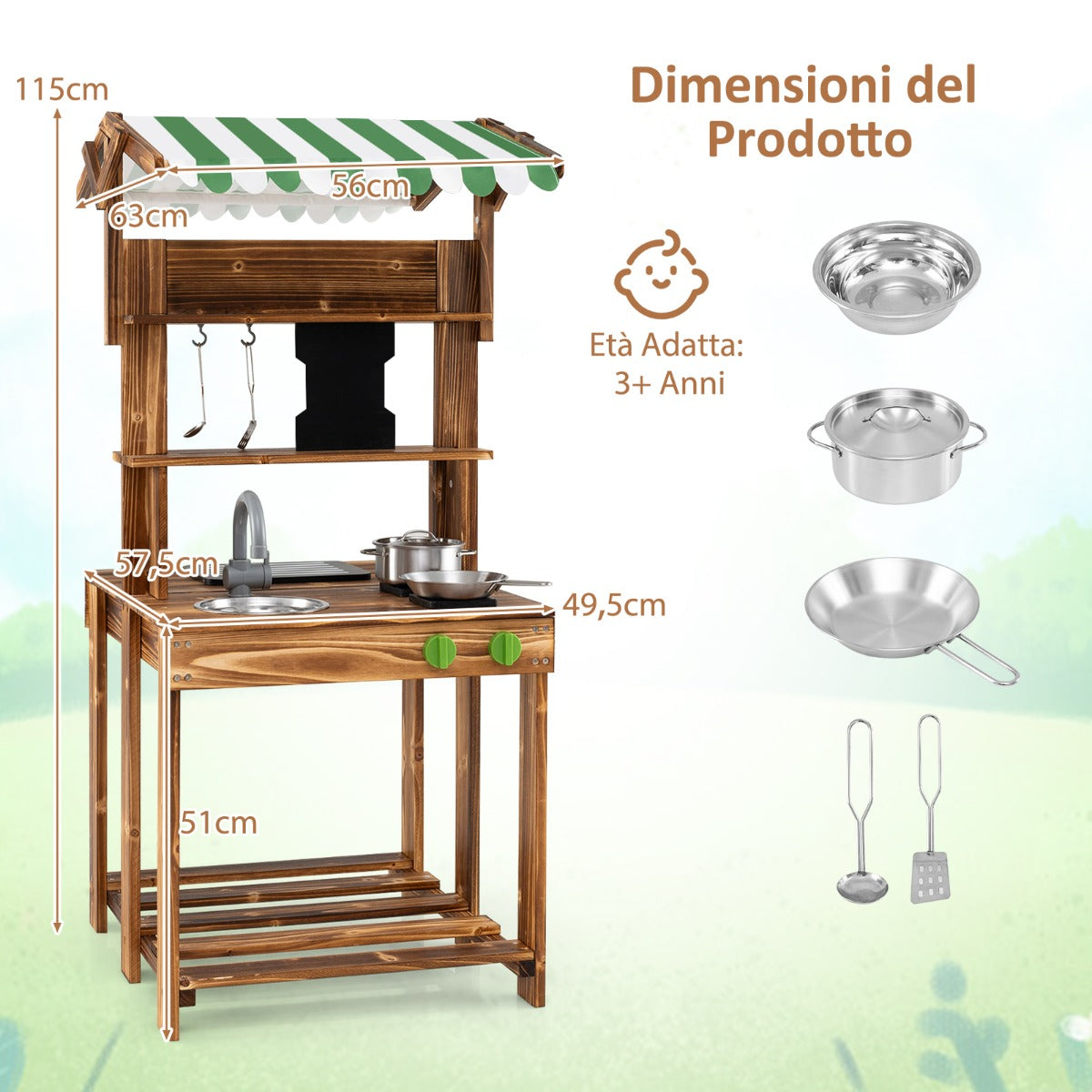 Cucina da gioco in legno con tettoia lavagna lavello e rubinetto, Cucina da gioco a doppio lato Marrone-Cucine giocattoli