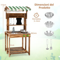 Cucina da gioco in legno con tettoia lavagna lavello e rubinetto, Cucina da gioco a doppio lato Marrone-Cucine giocattoli