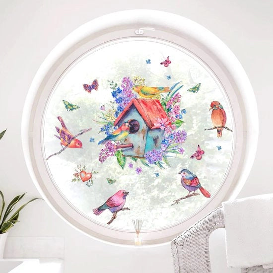 Sticker per finestra 4U - Sticker per finestra estate autoadesivo CASA DEGLI UCCELLI E FIORI I Sticker per finestra decorazione finestra uccelli camera da bambino soggiorno bagno cucina decorazione finestra riciclabile