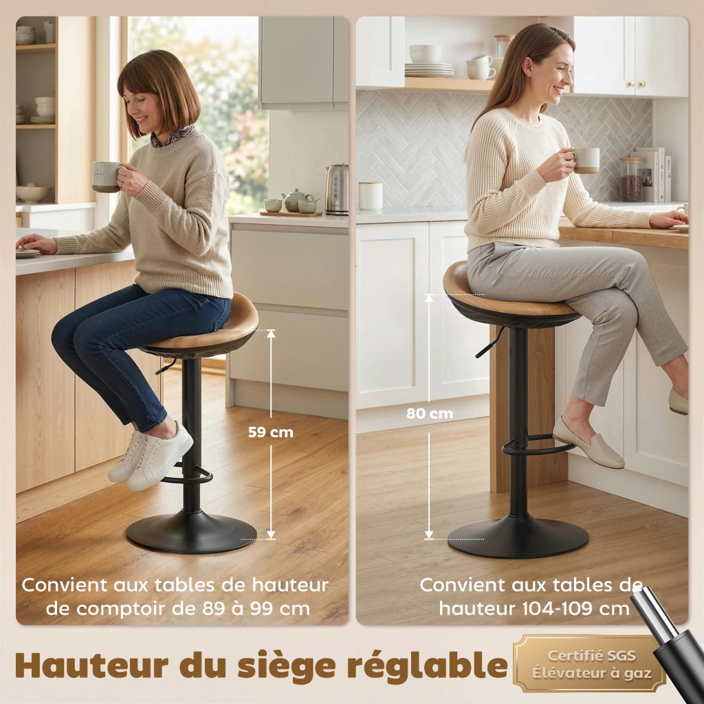 Sgabello da Bar Regolabile con Poggiapiedi e Base Rotante 360¡ã ¨C Zephmum ¨C Legno di Quercia, Acciaio