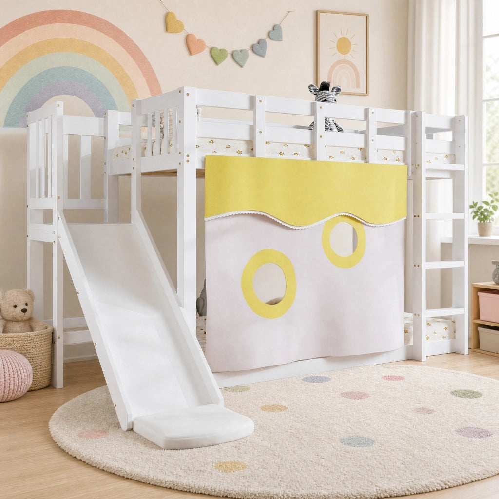 Letto a castello bianco 90x200 cm con scivolo e tende