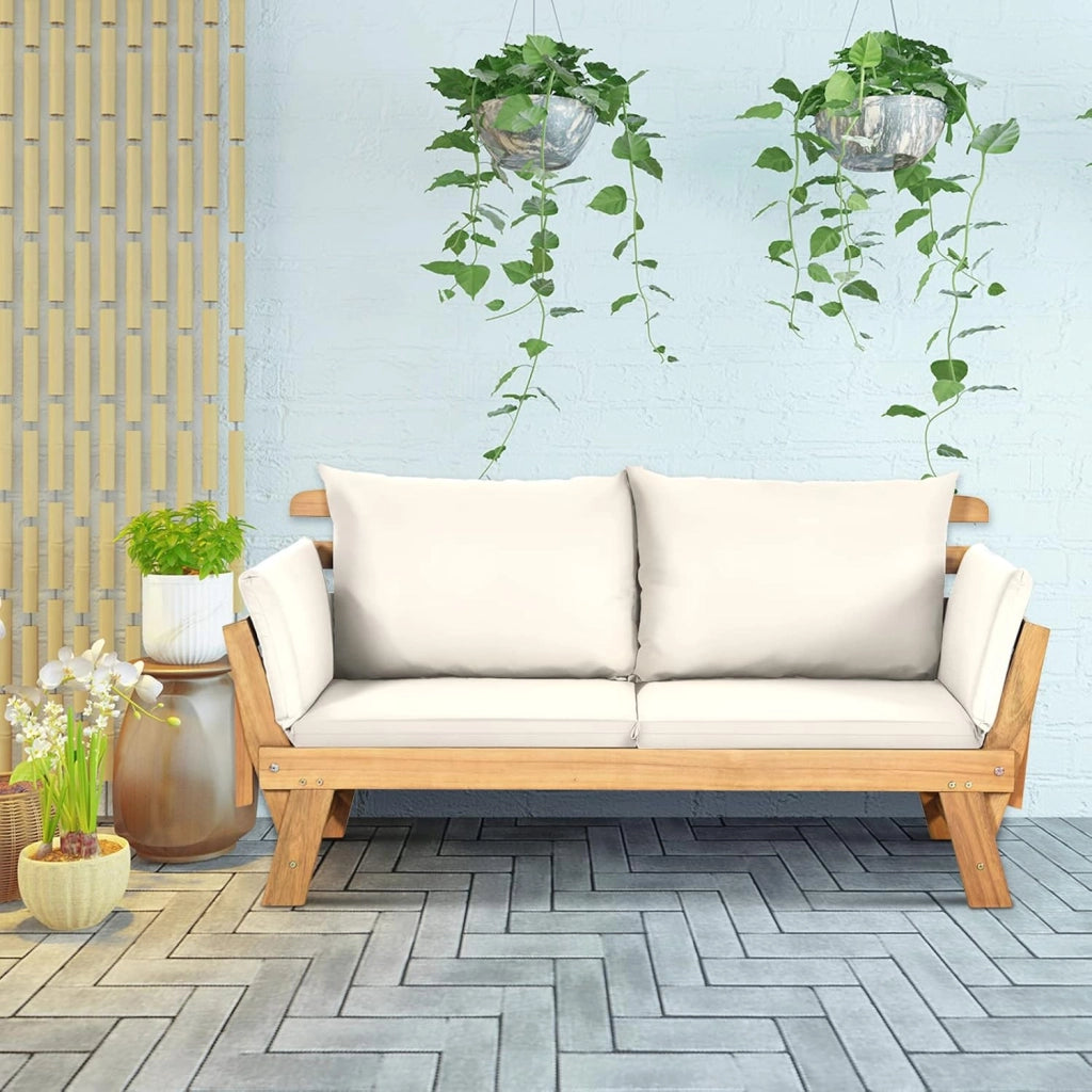 Divano Esterno Giardino 2 Posti, 2 in 1 con Cuscino Morbido, Divanetto da Esterno in Legno di Acacia con Braccioli Regolabili, Sdraio per Terrazza e Cortile, 198/157 x 75 x 75 cm (Bianco)
