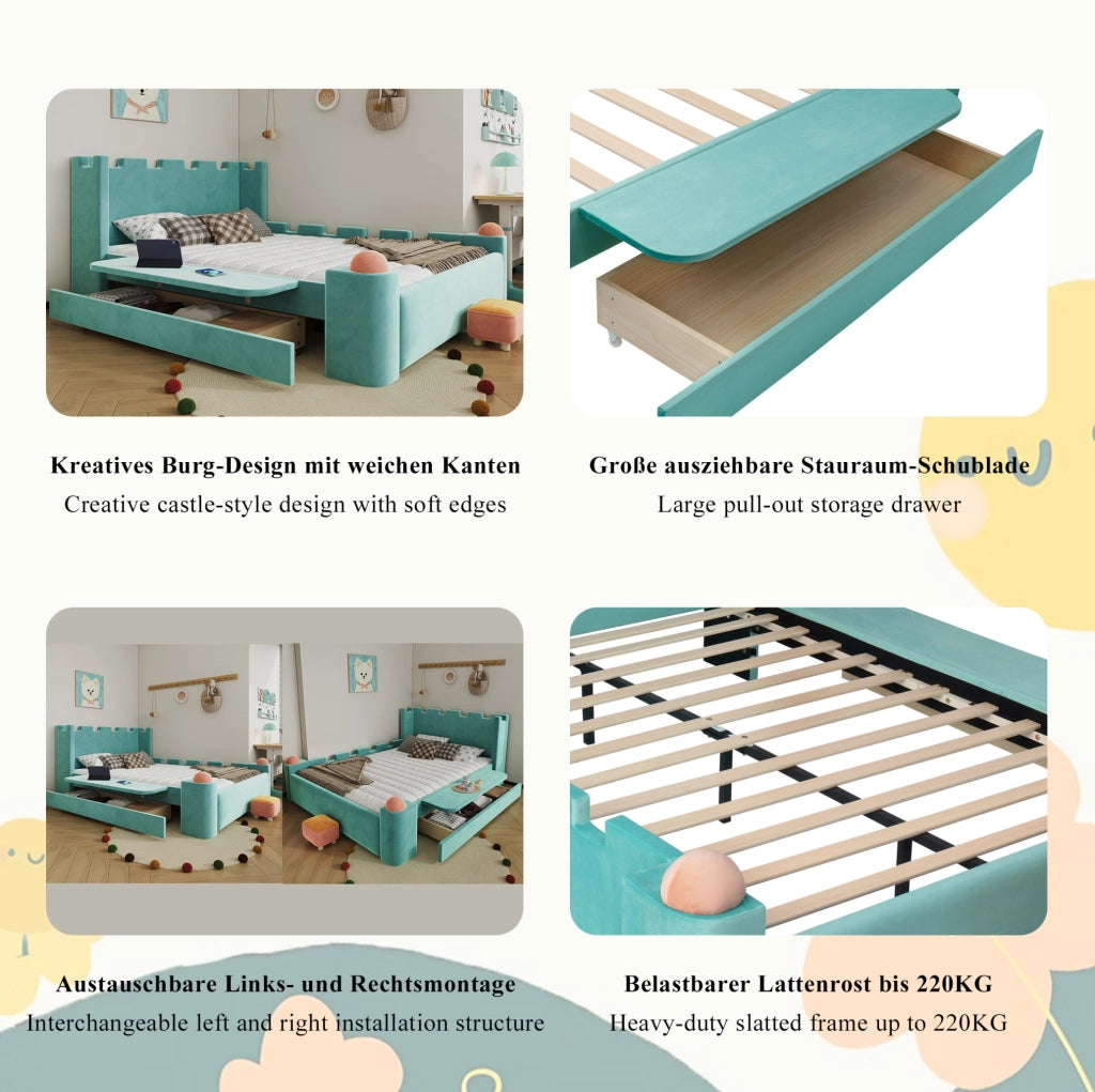 Letto imbottito per bambini con design a castello e contenitore laterale