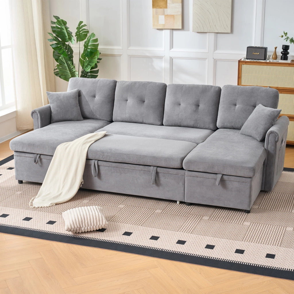 Divano panoramico a U 4-5 posti con funzione letto e contenitore con cuscini in chenille grigio