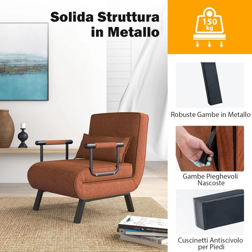 4 in 1 Poltrona Letto Singolo, Poltroncina Pieghevole con Schienale Regolabile in 6 Posizioni, Sedile Imbottito Robusto, Divano Letto per Casa Ufficio, 79x65x79 cm (Caffè)