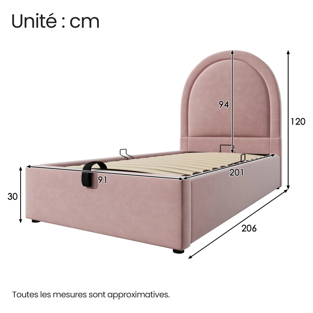 Letto Contenitore 90×200 cm; Letto Singolo con Testiera Semicircolare; senza Materasso; Velluto Rosa