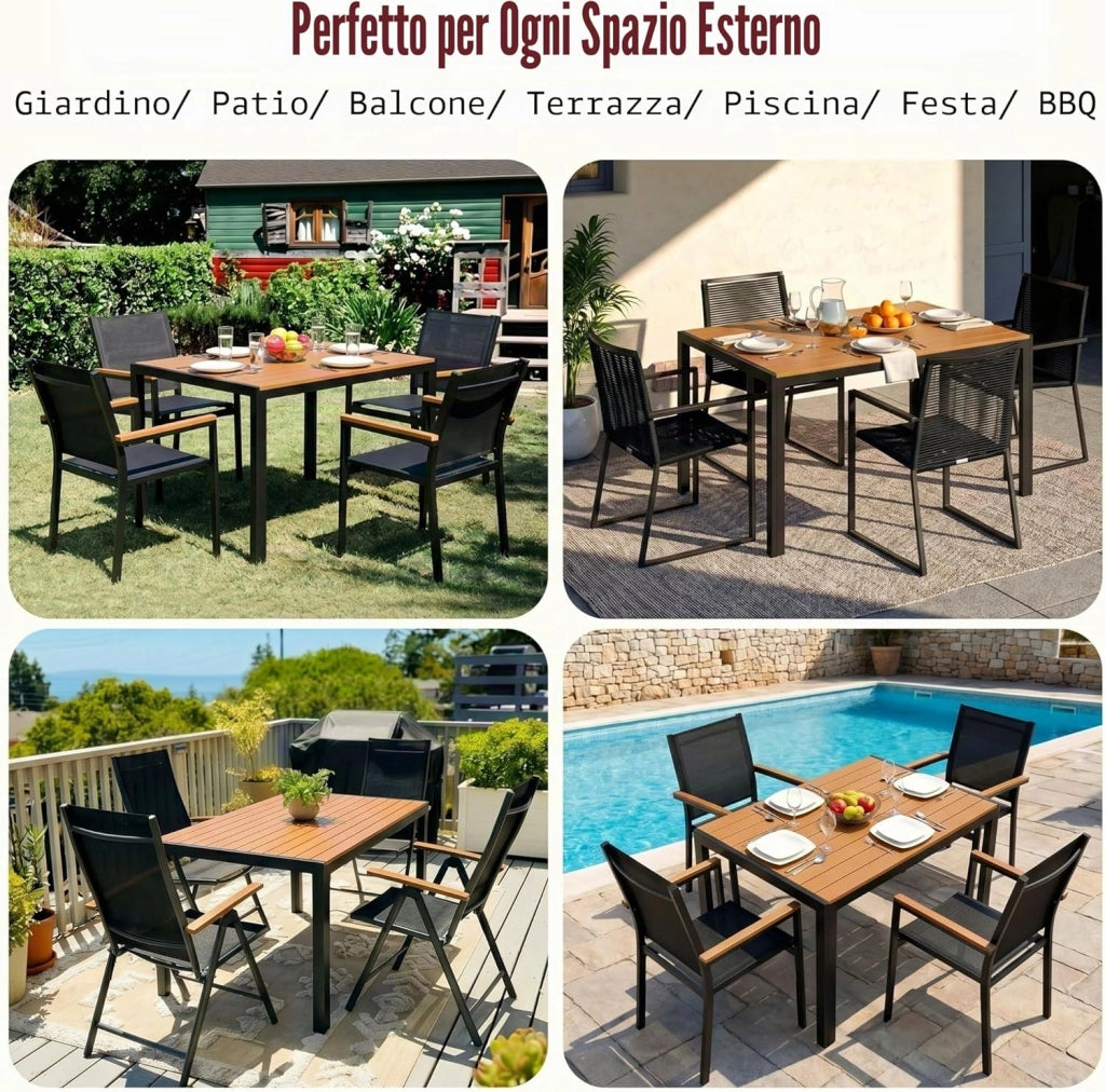 Tavolo da Giardino Moderno in WPC 110 x 70 cm, Tavolo da Pranzo per Esterno per 4-6 Persone, Tavolo da Balcone Salvaspazio in Alluminio, Design Effetto Legno,Marrone Teak