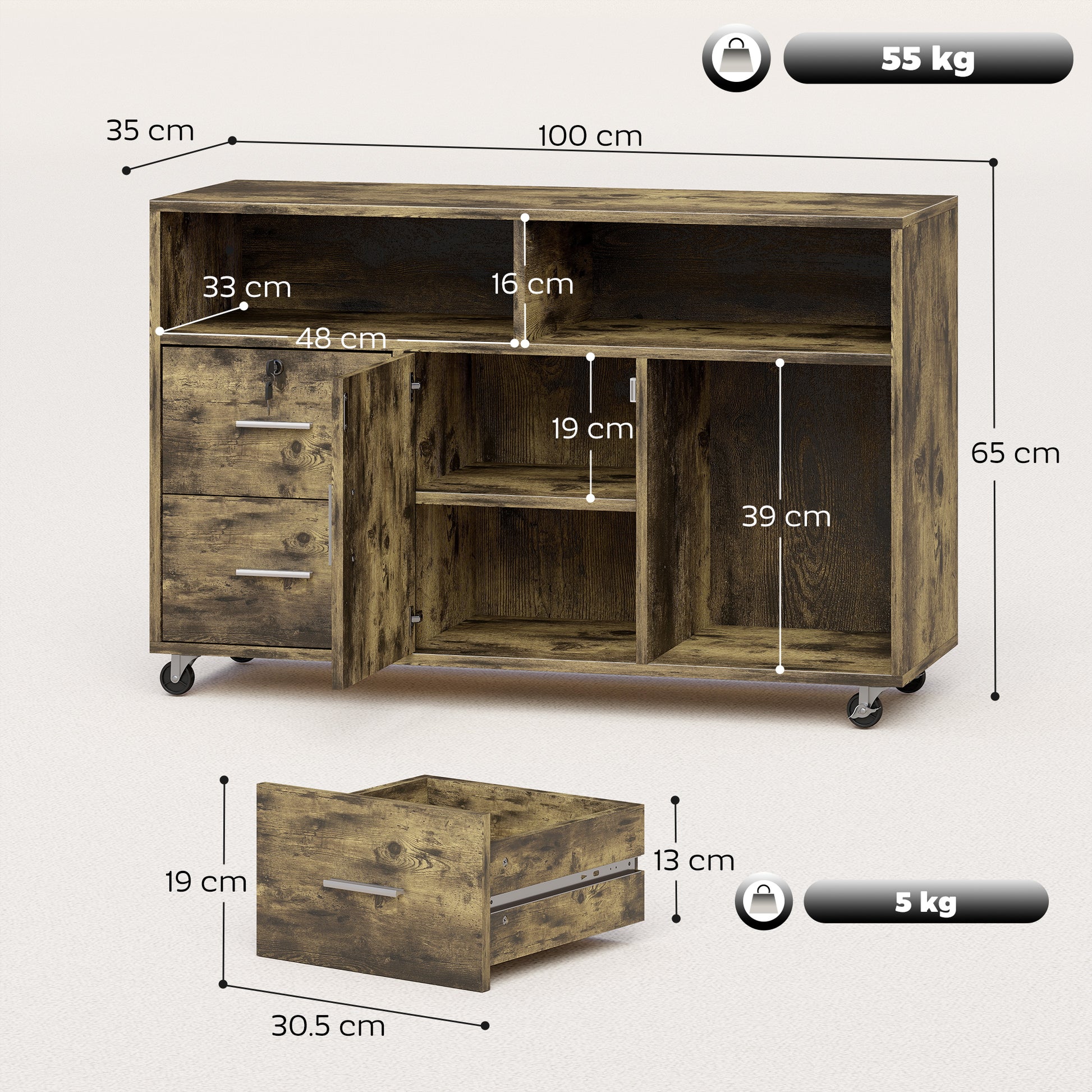 Mobile Porta Stampante 100x35x65 cm a Rotelle con 2 Cassetti 3 Ripiani e 2 Armadietti in Legno Marrone