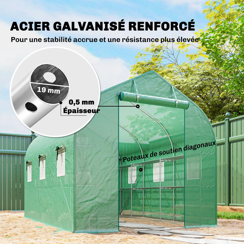 Serra da Giardino Tunnel 6m2 ¨C zephmum ¨C Verde, Acciaio Galvanizzato, 6 Finestre, Porta, Scaffali