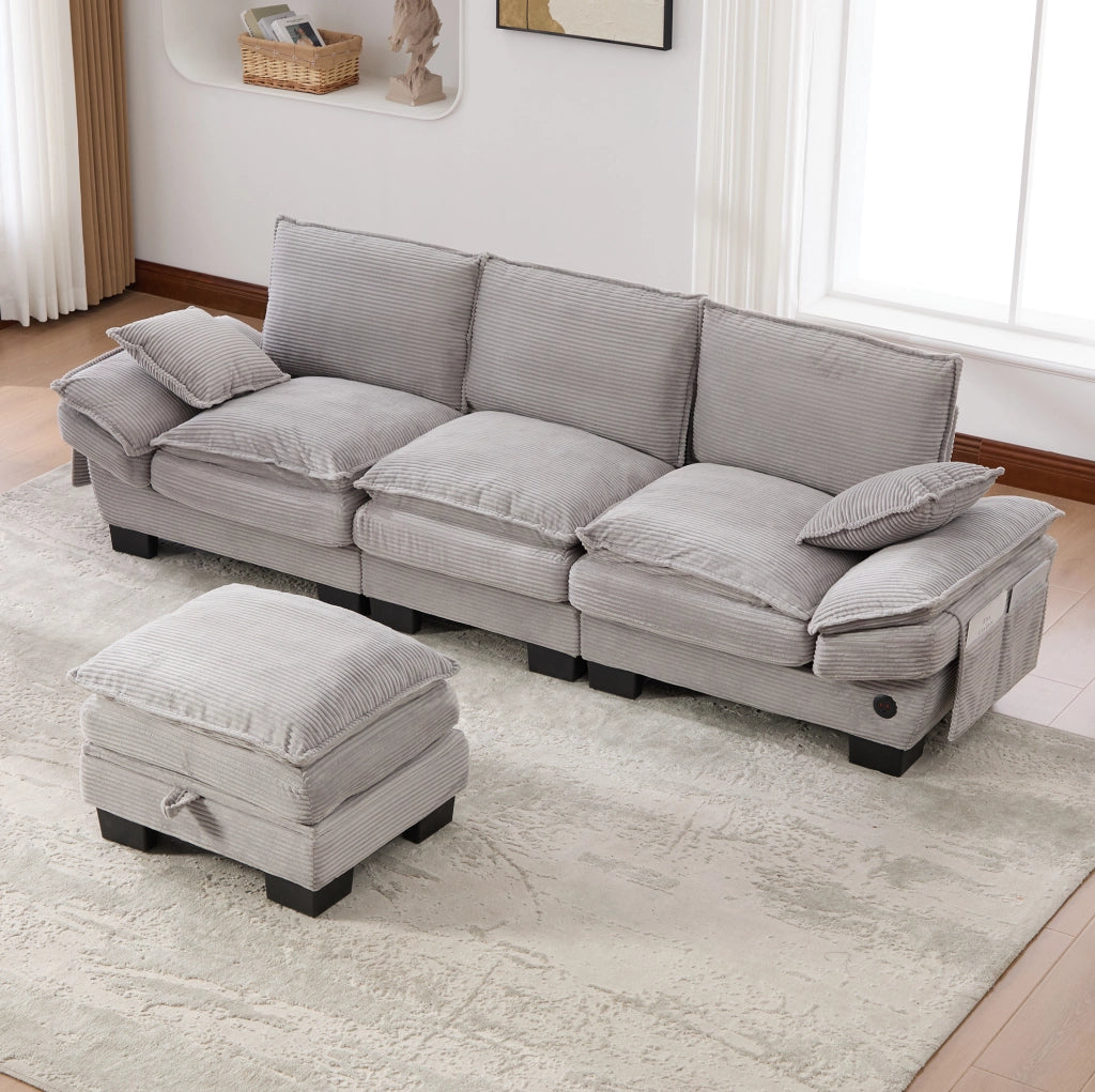Divano modulare 3 posti in velluto a coste con pouf grigio