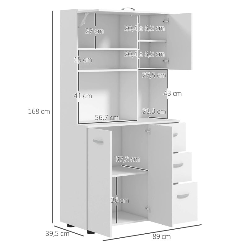 Credenza da cucina 89x39.5x168 cm con 3 cassetti; ripiani regolabili in legno bianco