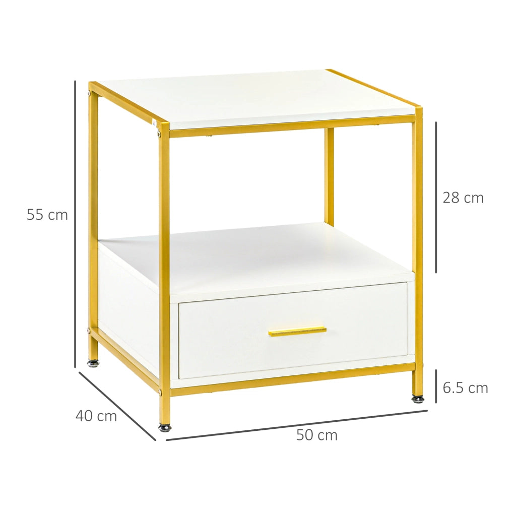 Set di 2 Comodini per Camera da Letto, Comodini Moderni Eleganti con Cassetto e Ripiano Aperto, 50x40x55cm, Bianco e Oro