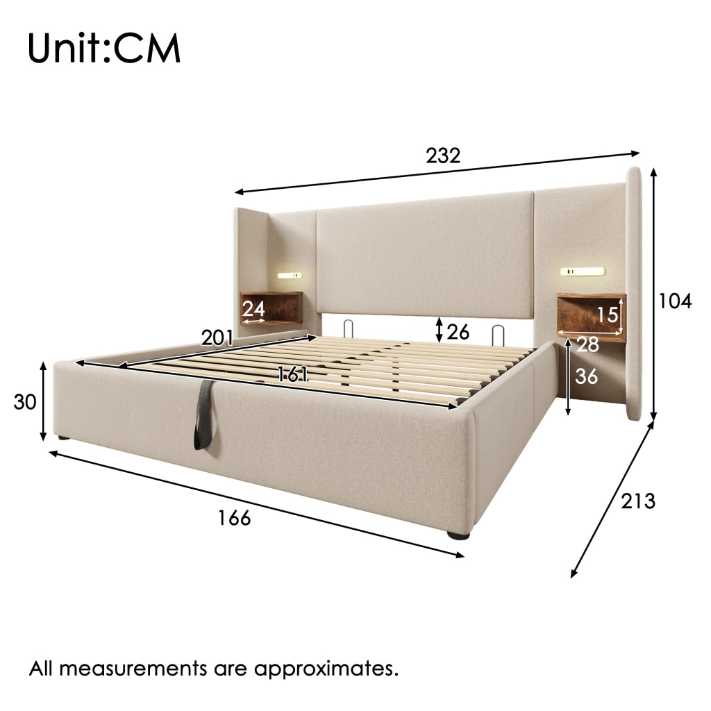 Letto Contenitore 160×200 cm; Matrimoniale con Mensola; Luce da Lettura; USB e Tipo C; senza Materasso