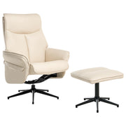 Poltrona reclinabile beige chiaro con poggiapiedi in ecopelle vegana, girevole e imbottita, con struttura in metallo dal design retrò.