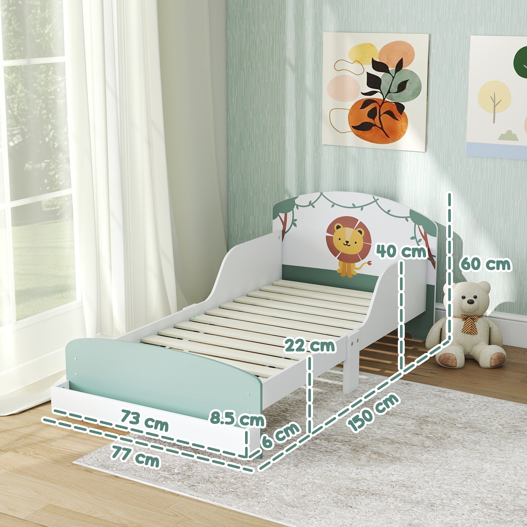 Letto Basso per Bambini 3-8 Anni 150x77x60 cm con Spazio Contenitore e Sponde Laterali in MDF Verde