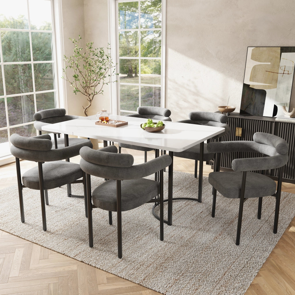 Tavolo da pranzo con 6 sedie imbottite schienale traforato gambe in metallo stile moderno bianco grigio scuro