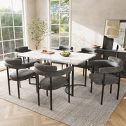 Tavolo da pranzo con 6 sedie imbottite schienale traforato gambe in metallo stile moderno bianco grigio scuro