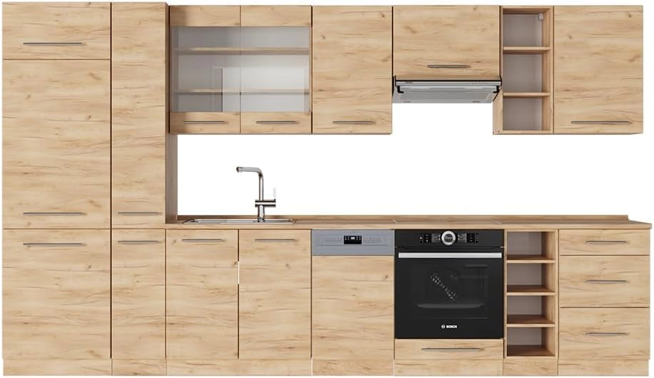 Cucina componibile Fame-Line, Quercia dorata, 355 cm senza piano di lavoro, adatto per l'espansione personalizzata con moduli aggiuntivi