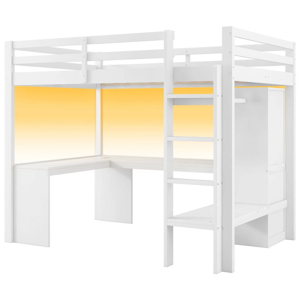 LETTO A CASTELLO ALTO 140x200 con scrivania integrata, LED e USB, bianco