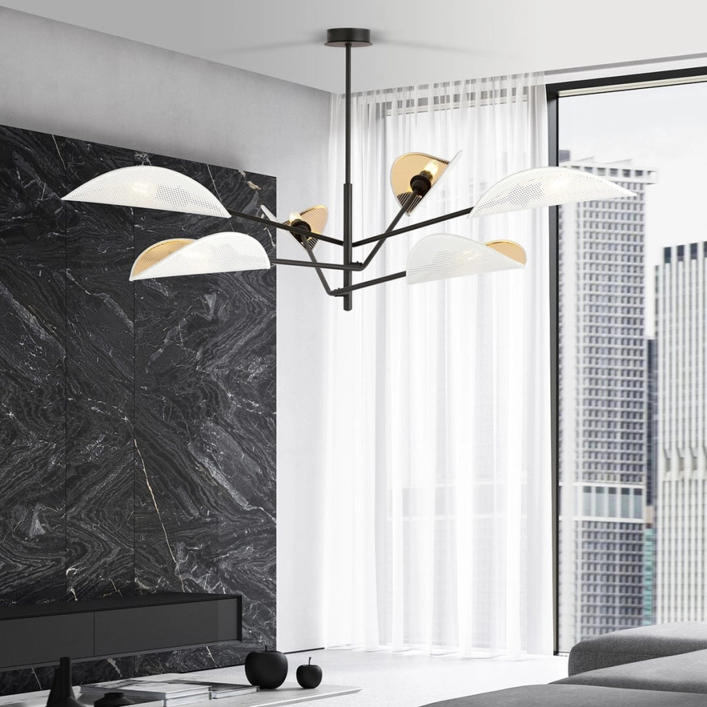 Lampada a sospensione VENE in acciaio nero con paralumi bianco e oro