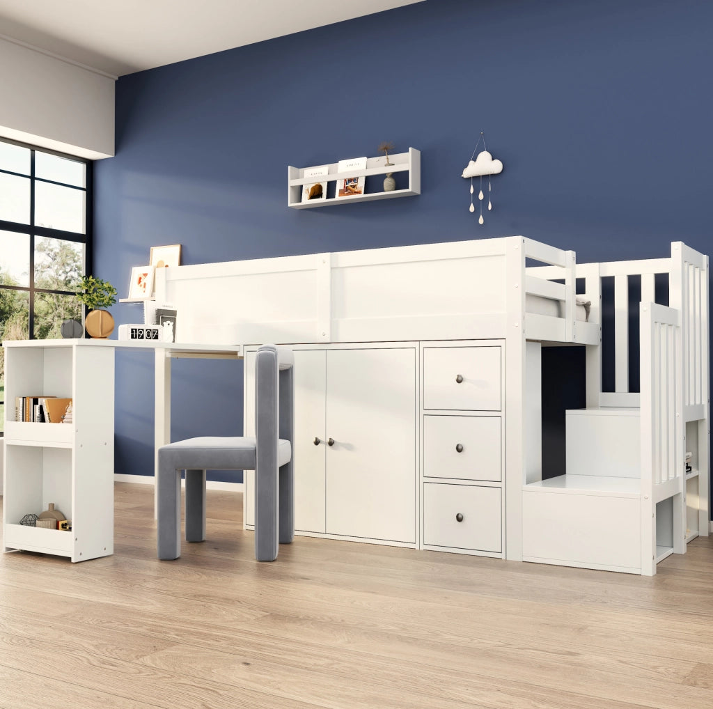 Letto a soppalco per bambini 90x200 cm bianco con scrivania estraibile e armadi