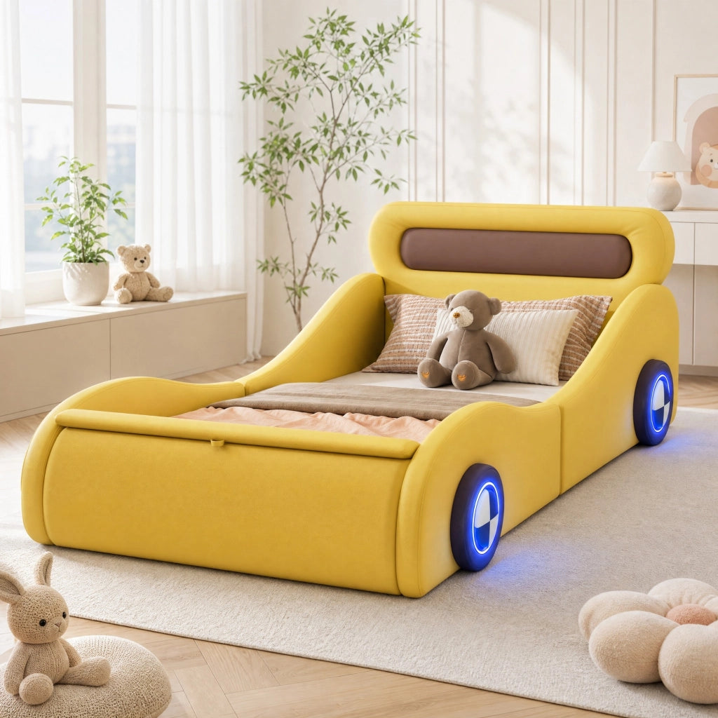 Letto auto imbottito 90x200 cm con ruote luminose, giallo
