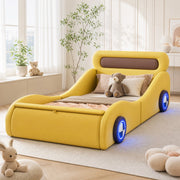 Letto auto imbottito 90x200 cm con ruote luminose, giallo