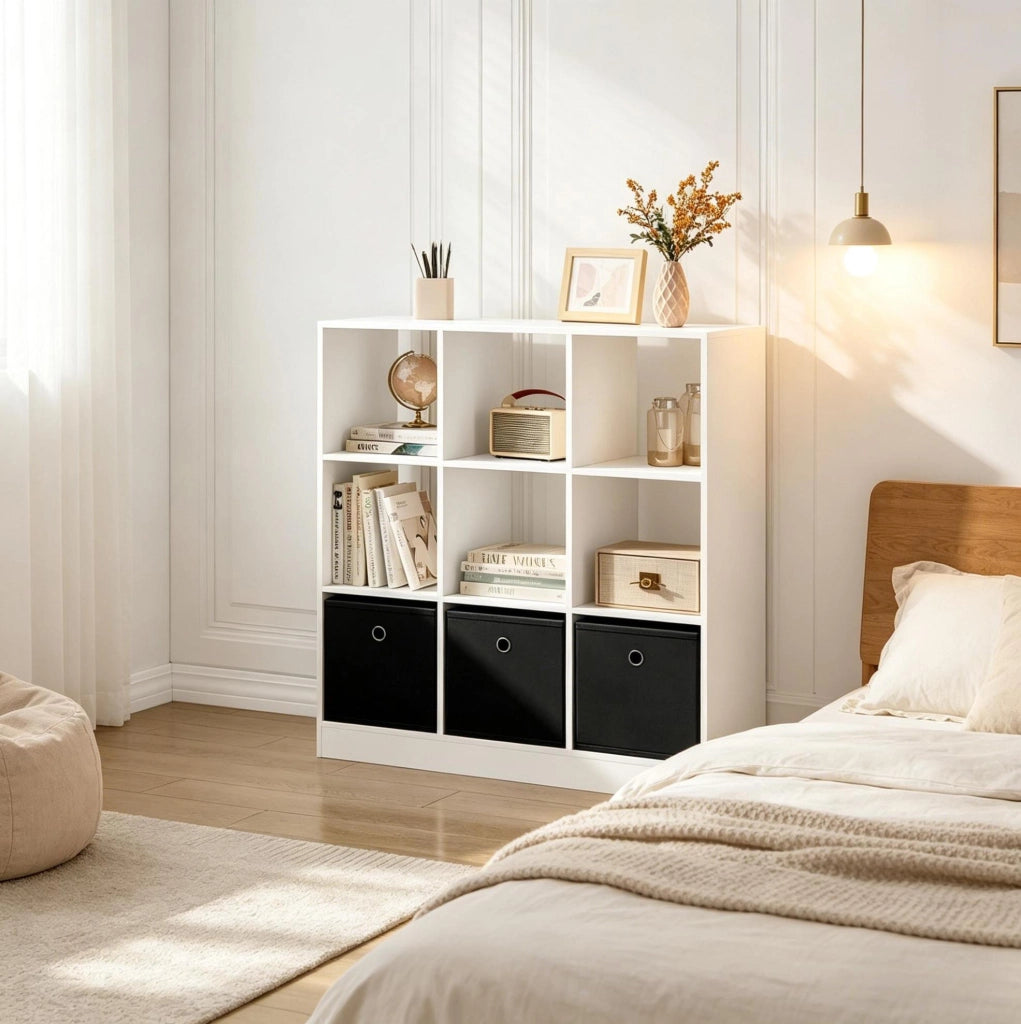 Libreria a Cubi Moderna in Legno E1 con 3 Cassetti in Tessuto, Bianco e Nero, 80x86,5x30 cm