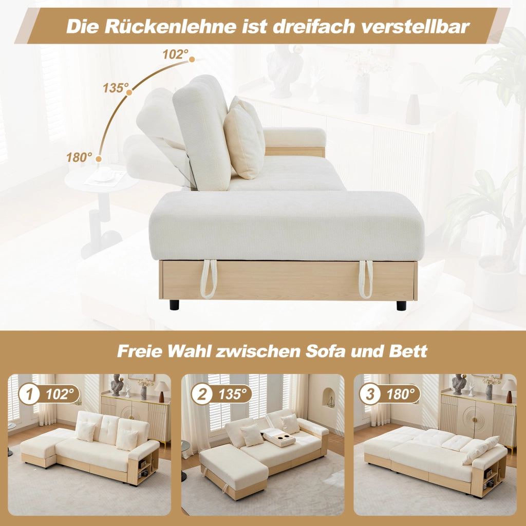 Divano letto con contenitore, schienale a 3 posizioni, in chenille beige, con cassetti e portabicchieri