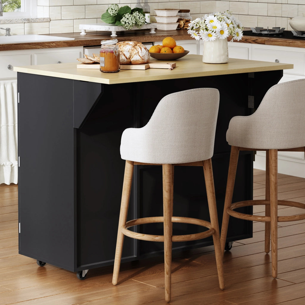 Carrello isola da cucina con piano ribaltabile, 2 cassetti, portabottiglie e ruote bloccabili, 104x69x89 cm