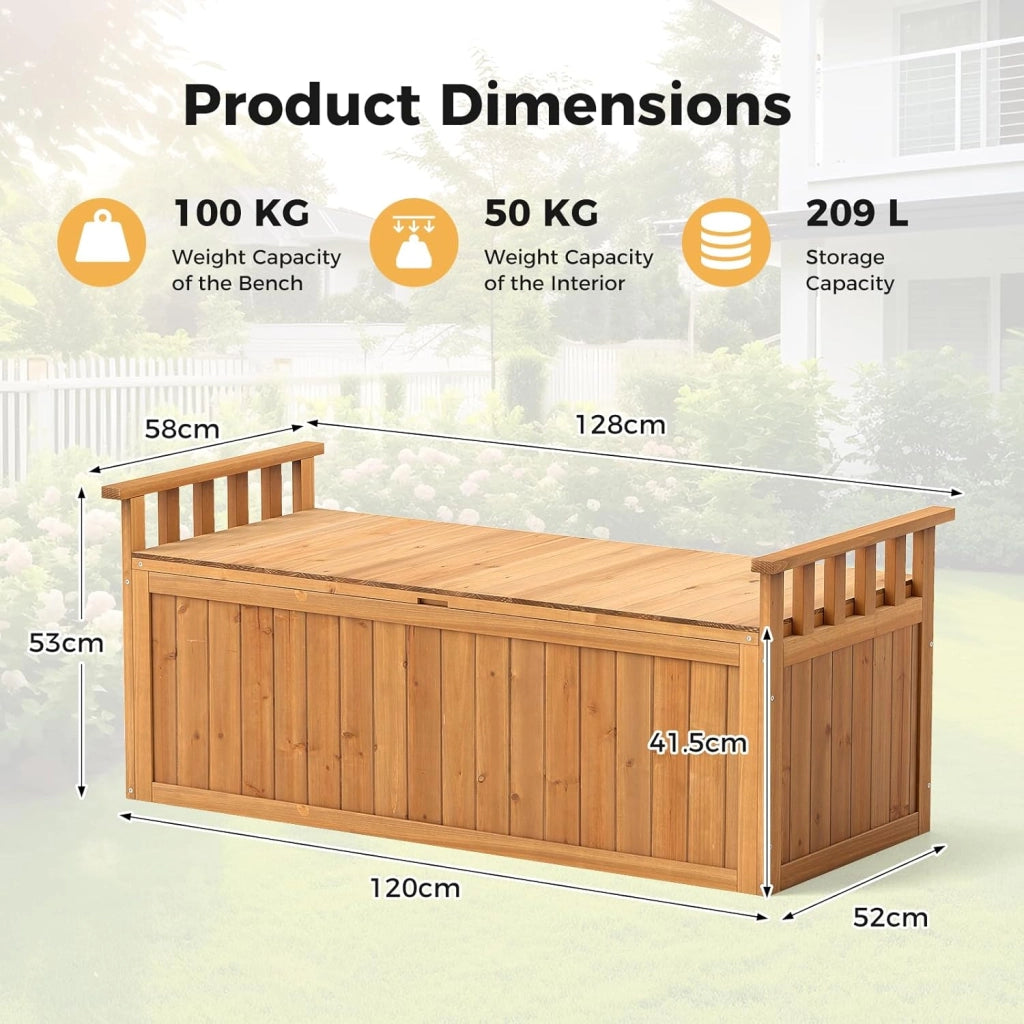 Panchina da giardino a 2 posti, in legno con spazio di archiviazione 207 l, resistente alle intemperie, con braccioli, 128 cm, per giardino, cortile e balcone (Naturale)