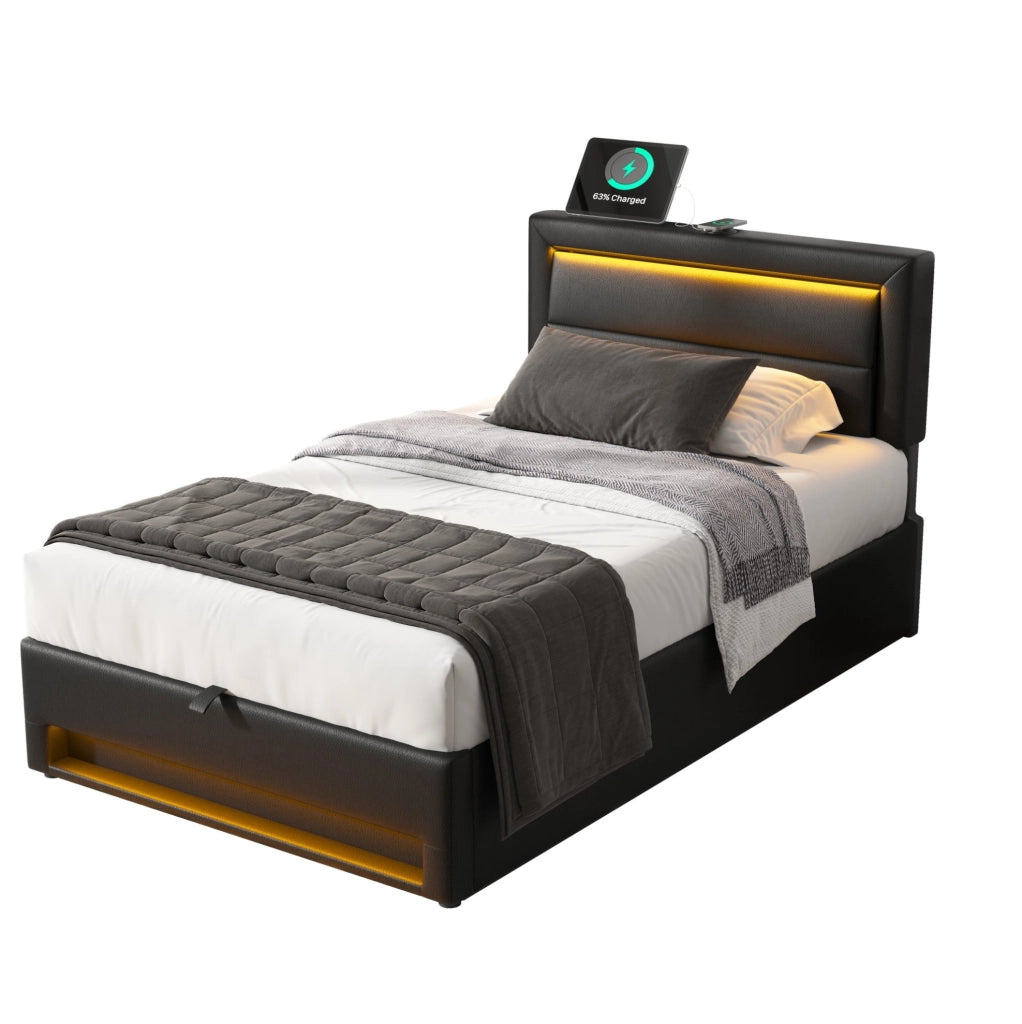 Letto imbottito 90x190 cm con USB, illuminazione LED e spazio contenitore, nero, senza materasso