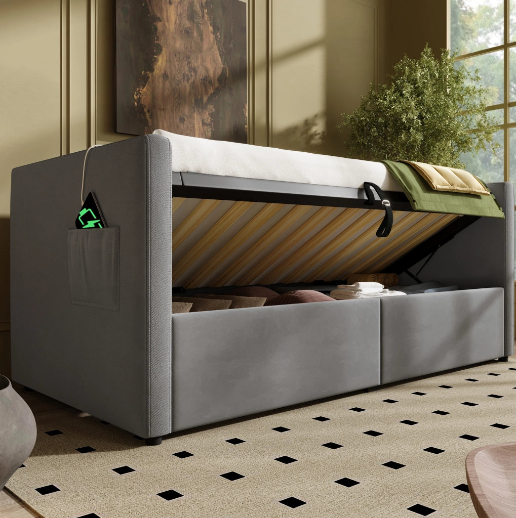 Letto divano 90x200 cm in velluto grigio con contenitore idraulico, USB e Type-C