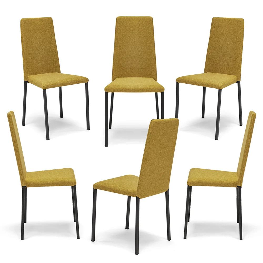 Set 6 sedie imbottita modello BETTY STYLE per interni, design moderno, gambe quadre in metallo, schienale e seduta rivestiti con tessuto morbido al tatto Senape