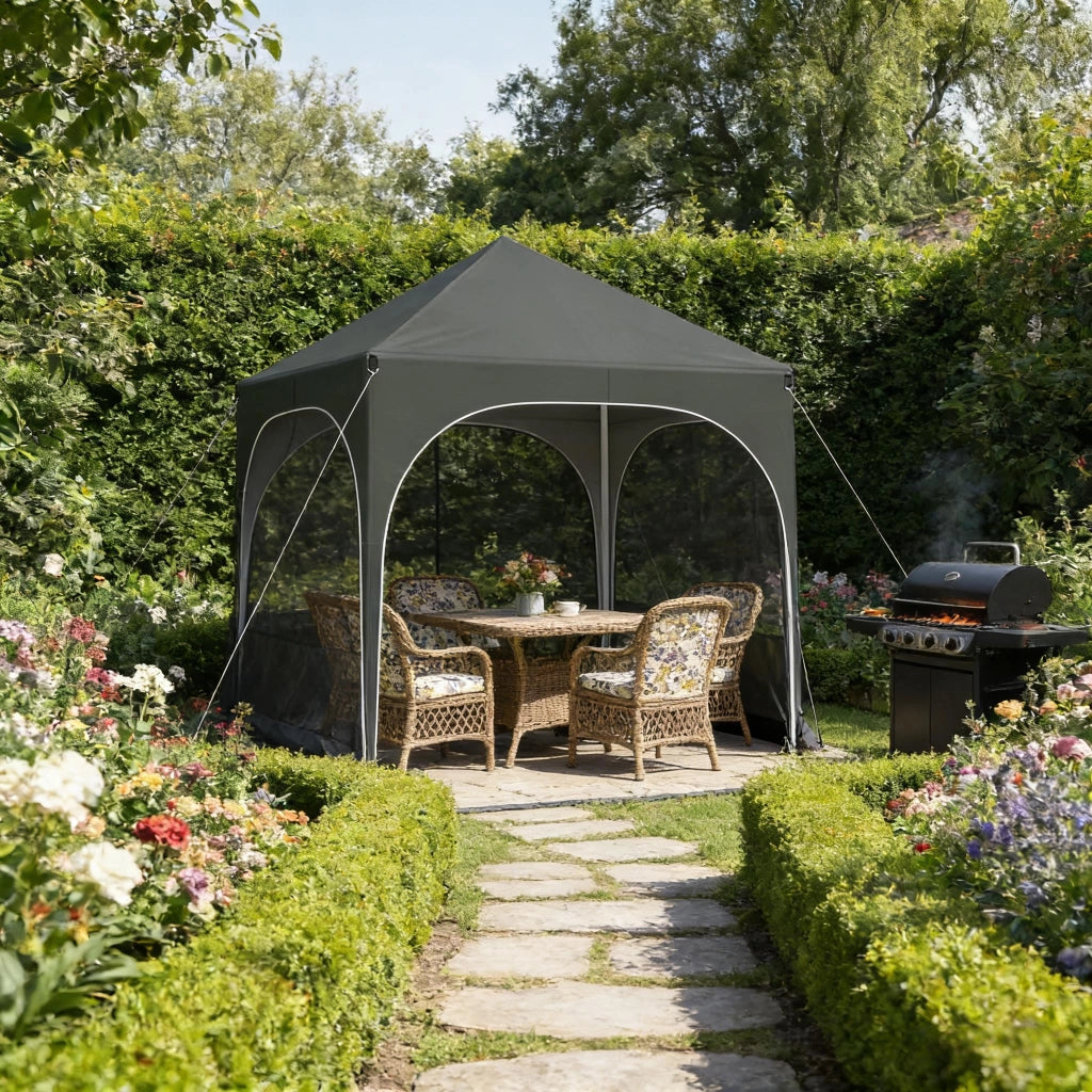 GAZEBO 2x2 m Altezza regolabile 232/236/240 cm Grigio con 4 pareti laterali