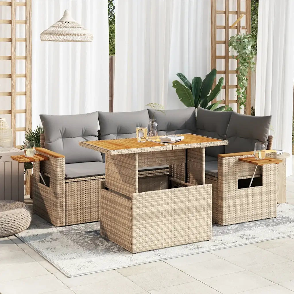 Set Divano da Giardino 5 pz con Cuscini Beige Polyrattan Acacia