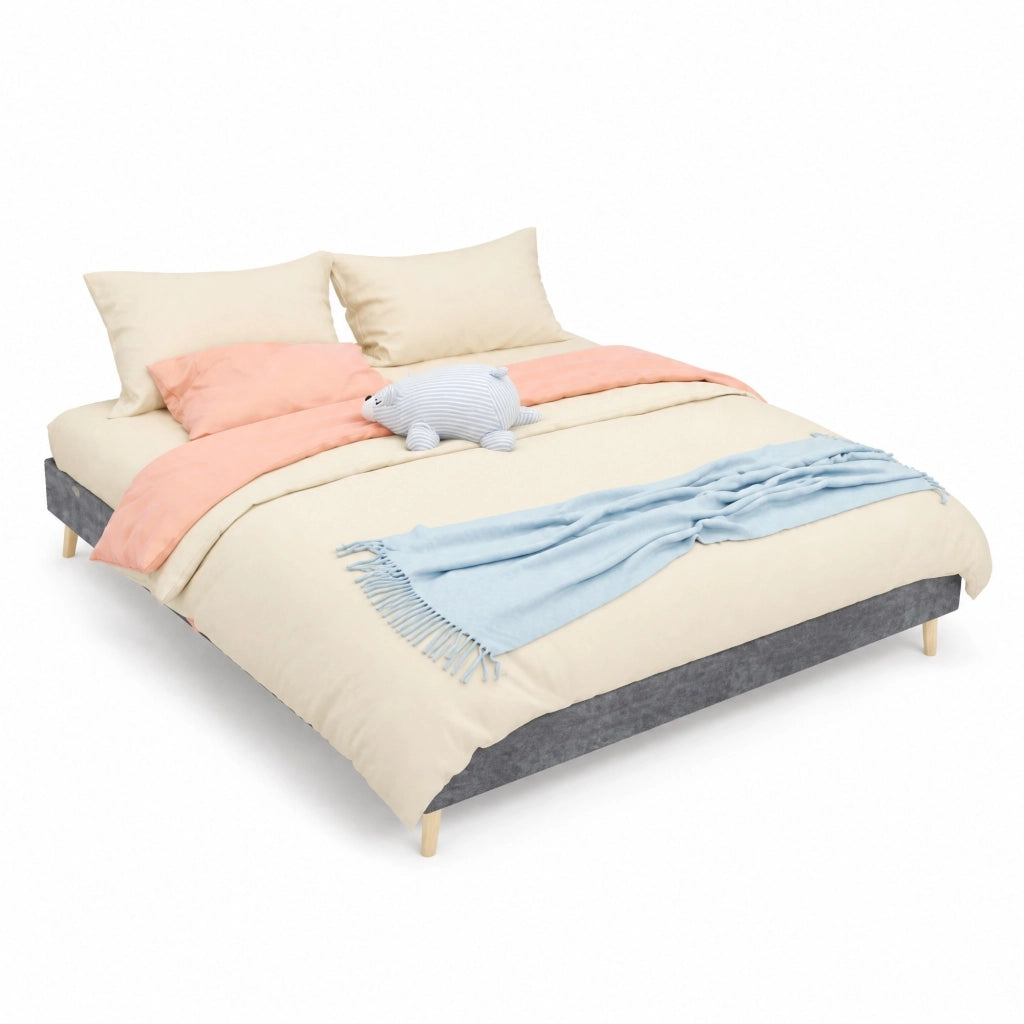 Letto matrimoniale 160x200 cm grigio in tessuto e metallo, design geometrico, rete a doghe, montaggio semplice